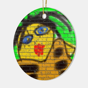 Black Hair Bee Woman Graffiti Wall Painting Green Ceramic Ornament