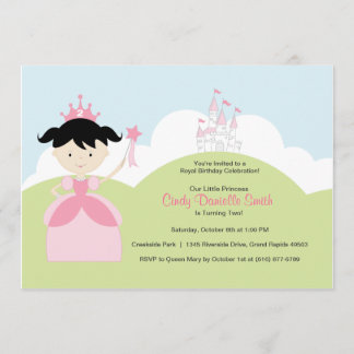 Black Hair Birthday Princess in Pink with Castle Invitation
