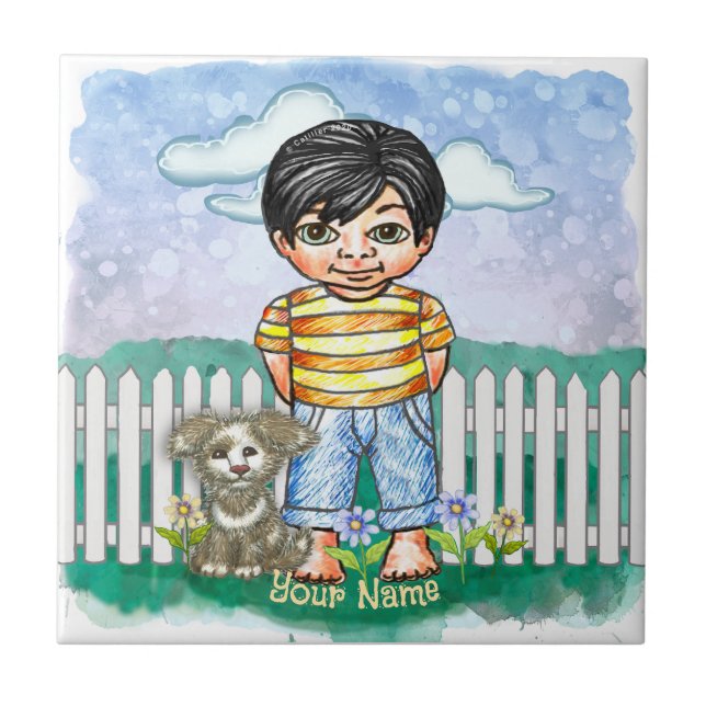Black Hair Boy and Dog Ceramic Tile (Front)