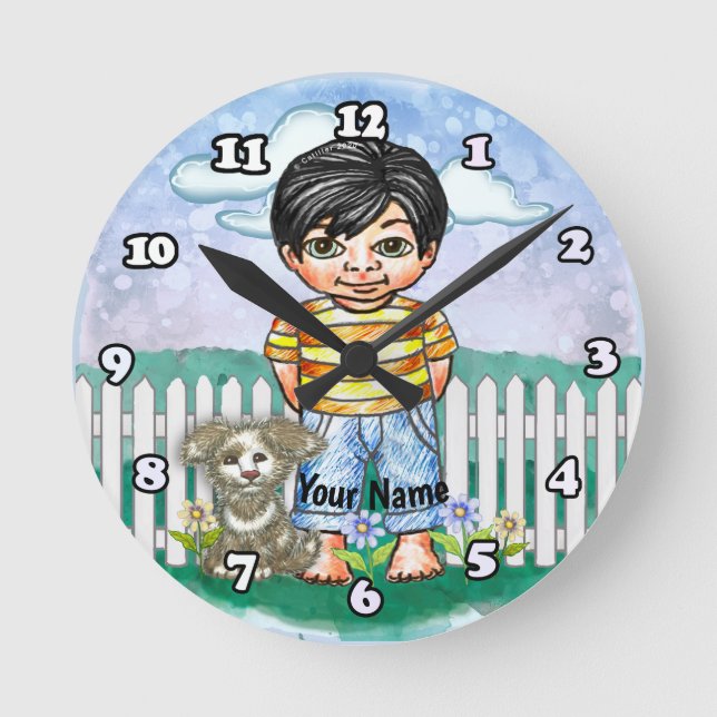 Black Hair Boy and Dog  Round Clock (Front)