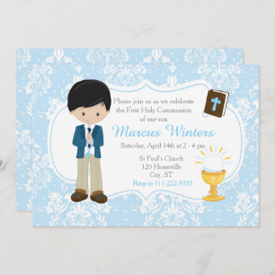 Black Hair Boy First Communion Damask Invitation