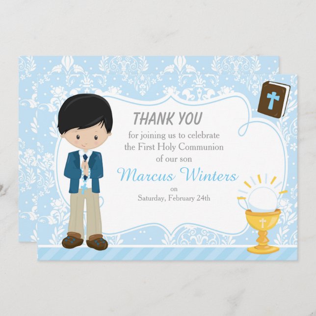 Black Hair Boy First Communion Damask Thank You Card (Front/Back)