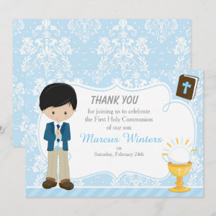 Black Hair Boy First Communion Damask Thank You Card