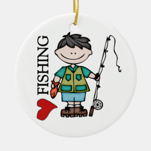 Black Hair Boy I Love Fishing Ceramic Ornament