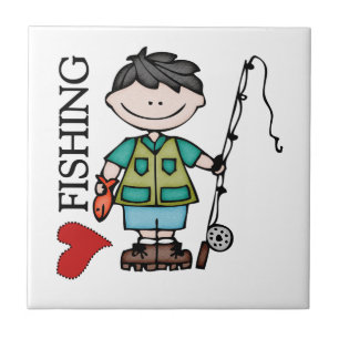 Black Hair Boy I Love Fishing Ceramic Tile