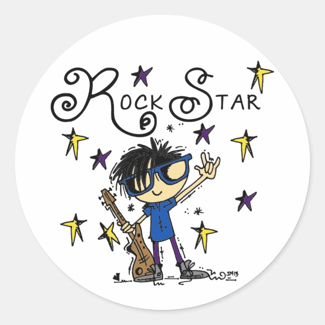 Black Hair Boy Rock Star Classic Round Sticker (Front)