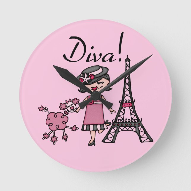 Black Hair Diva Round Clock (Front)
