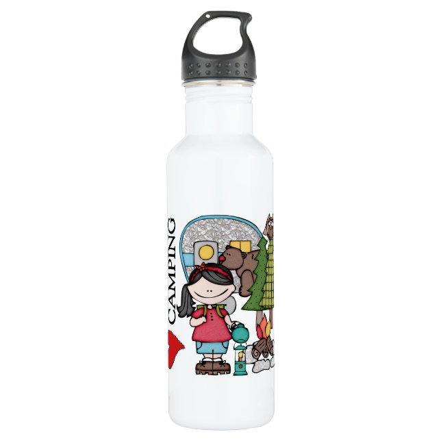 Black Hair Girl I Love Camping 710 Ml Water Bottle (Front)