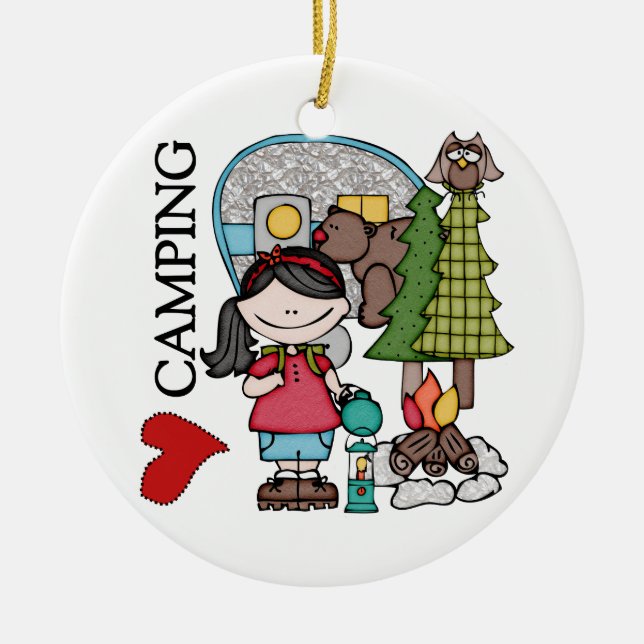 Black Hair Girl I Love Camping Ceramic Ornament (Front)