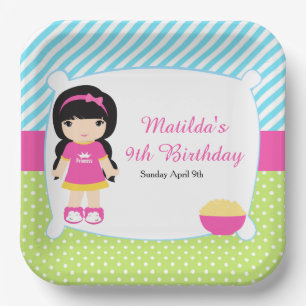 Black Hair Girl Sleepover Slumber Party Paper Plate