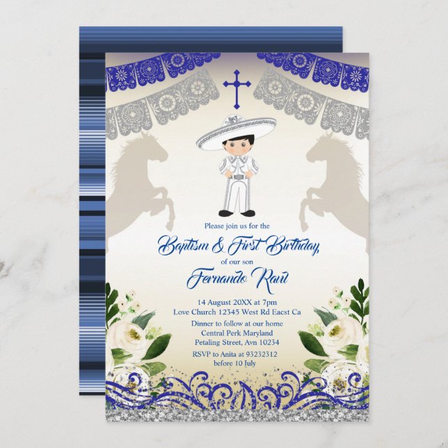 Black Hair Mexican Navy Blue Boy Baptism Birthday Invitation (Front/Back)