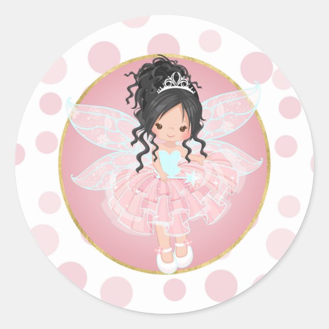 Black Hair Pink Fairy Classic Round Sticker (Front)