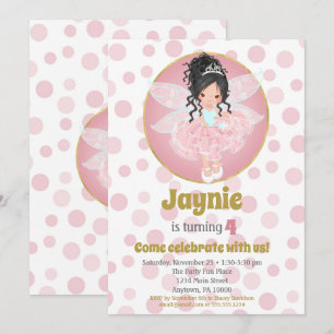 Black Hair Pink Fairy Girls Birthday Invitation
