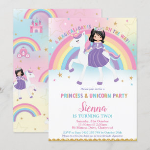 Black Hair Princess Unicorn Rainbow Birthday Party Invitation