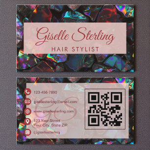 Black Hair Stylist Opal Gemstone QR Code Business Card
