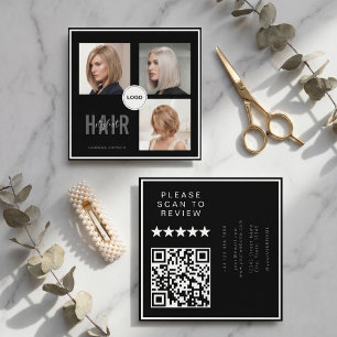 Black Hair Stylist Photo Collage QR Code & Review Square Business Card
