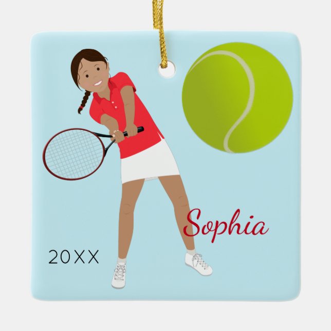 Black Hair Tennis Player Keepsake Ceramic Tree Decoration (Front)