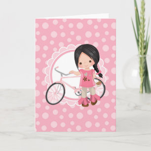 Black Haired Bicycle Girl - Pink White Card