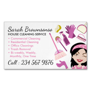 Black Haired Cleaning Janitorial Lady Tile Washing Magnetic Business Card