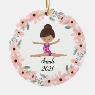 Black Haired Gymnast Girl Gymnastics Christmas Cer Ceramic Ornament