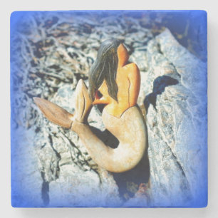 black-haired mermaid blue stone coaster