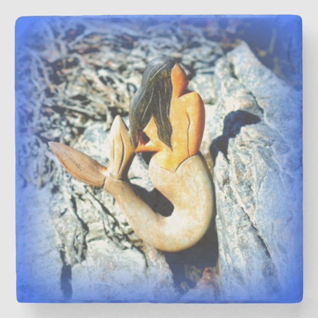 black-haired mermaid blue stone coaster (Front)