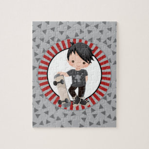 Black Haired Skateboard Boy - Grey Red Jigsaw Puzzle