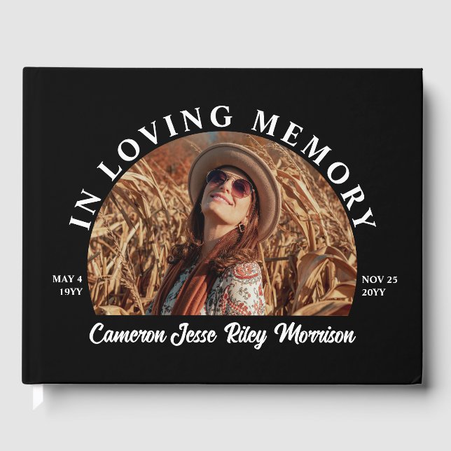Black Half Moon Photo Arched Text In Loving Memory Guest Book (Front)