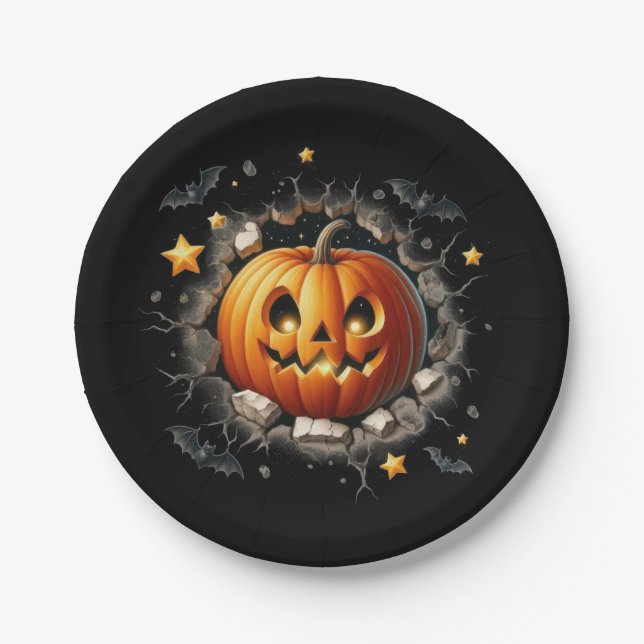 Black Halloween Background with Orange Pumpkin Paper Plate (Front)