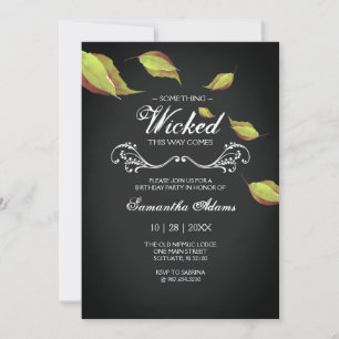 Black Halloween Birthday Invitation Fall Leaves