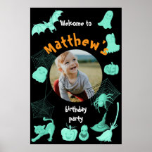 Black Halloween Birthday party welcome poster