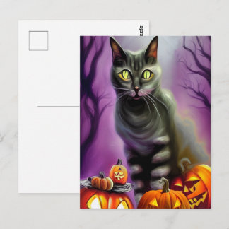 Black Halloween Cat and Carved Pumpkins  Postcard