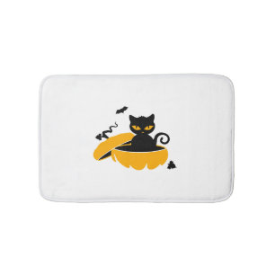 Black Halloween cat and Halloween pumpkin Bath Mat