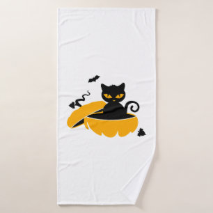 Black Halloween cat and Halloween pumpkin Bath Towel
