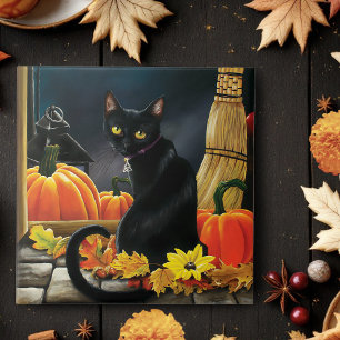 Black Halloween Cat Ceramic Tile