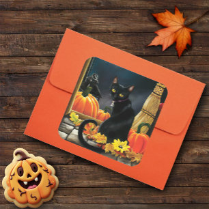 Black Halloween Cat Square Sticker