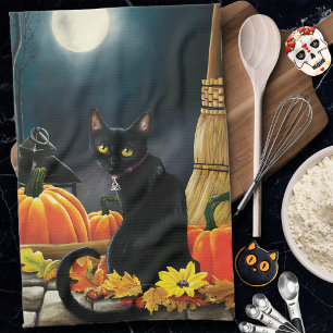 Black Halloween Cat Tea Towel