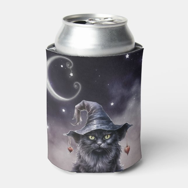 Black Halloween Cat Wearing a Witch Hat  Can Cooler (Can Front)