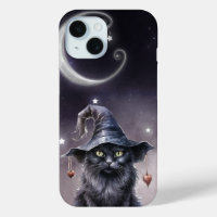 Black Halloween Cat Wearing a Witch Hat