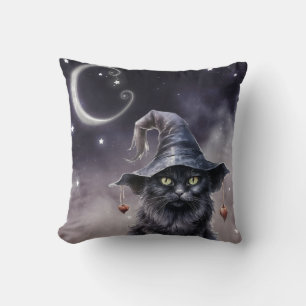 Black Halloween Cat Wearing a Witch Hat Cushion