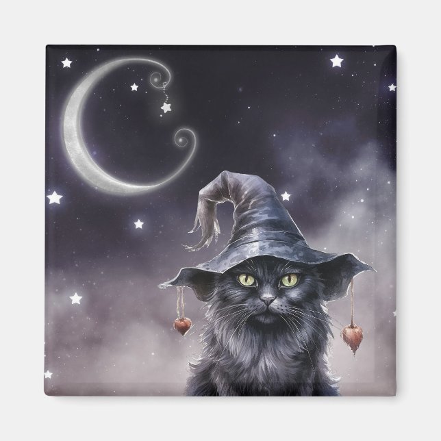 Black Halloween Cat Wearing a Witch Hat  Magnet (Front)