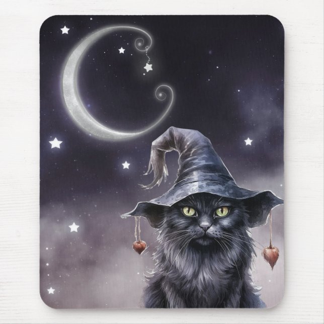 Black Halloween Cat Wearing a Witch Hat  Mouse Pad (Front)