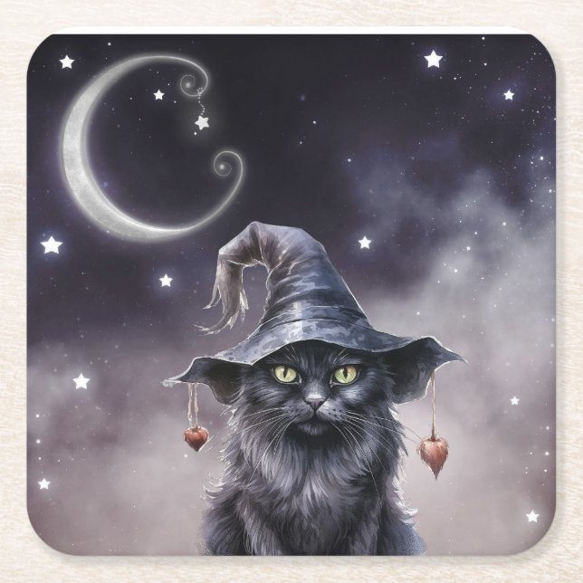 Black Halloween Cat Wearing a Witch Hat  Square Paper Coaster (Front)