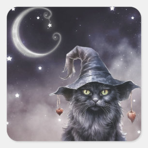 Black Halloween Cat Wearing a Witch Hat Square Sticker