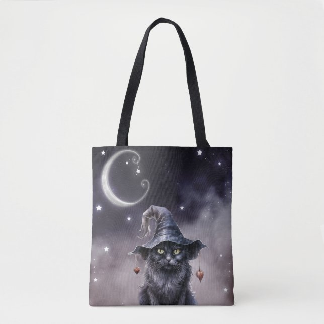 Black Halloween Cat Wearing a Witch Hat  Tote Bag (Front)