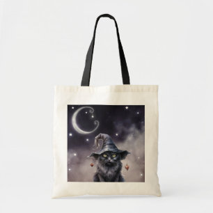 Black Halloween Cat Wearing a Witch Hat Tote Bag