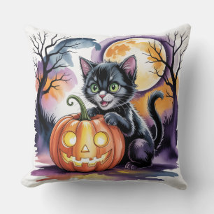 Black Halloween Cat with Jack-O-Lantern, Black Cat Cushion