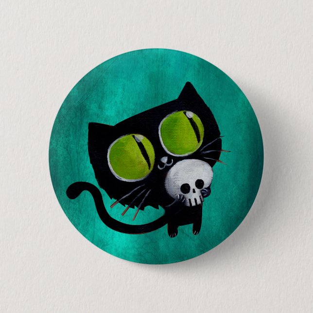 Black Halloween Cat with Skull 6 Cm Round Badge (Front)