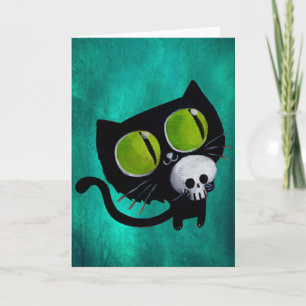 Black Halloween Cat with Skull Card