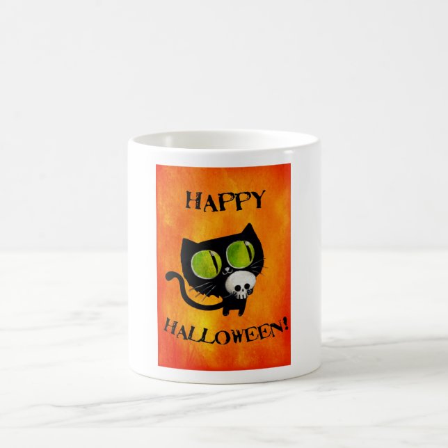 Black Halloween Cat with Skull Coffee Mug (Center)